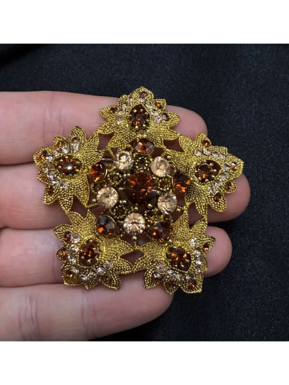 Vintage 1990s Gold Tone Floral Brooch With Amber & Clear Rhinestones